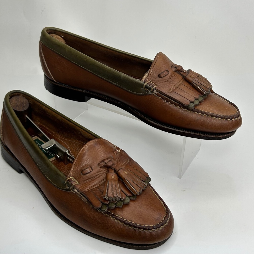 VTG Cole Haan Mens Made in USA Brown Leather Tassel Kiltie Loafers Green Trim 10